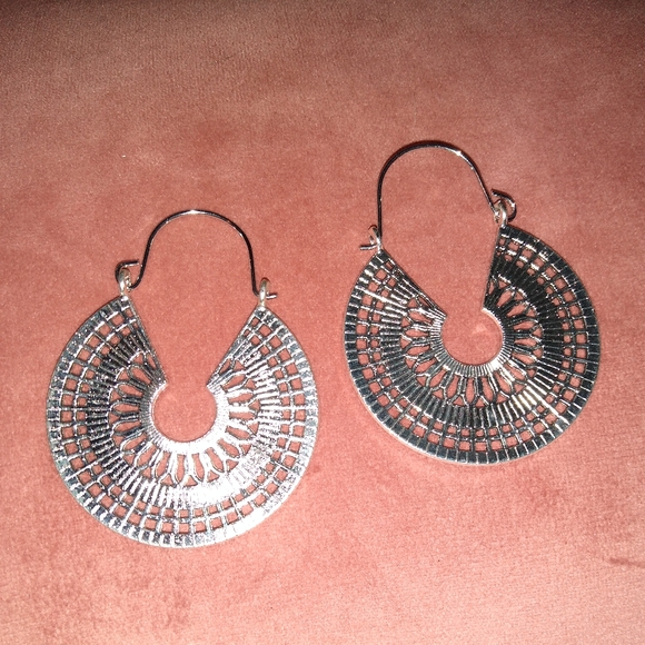 Mandala Silver Filigree CutOut Metal Lace Hoop Earrings Big Hoops Bohemian New - Picture 6 of 10